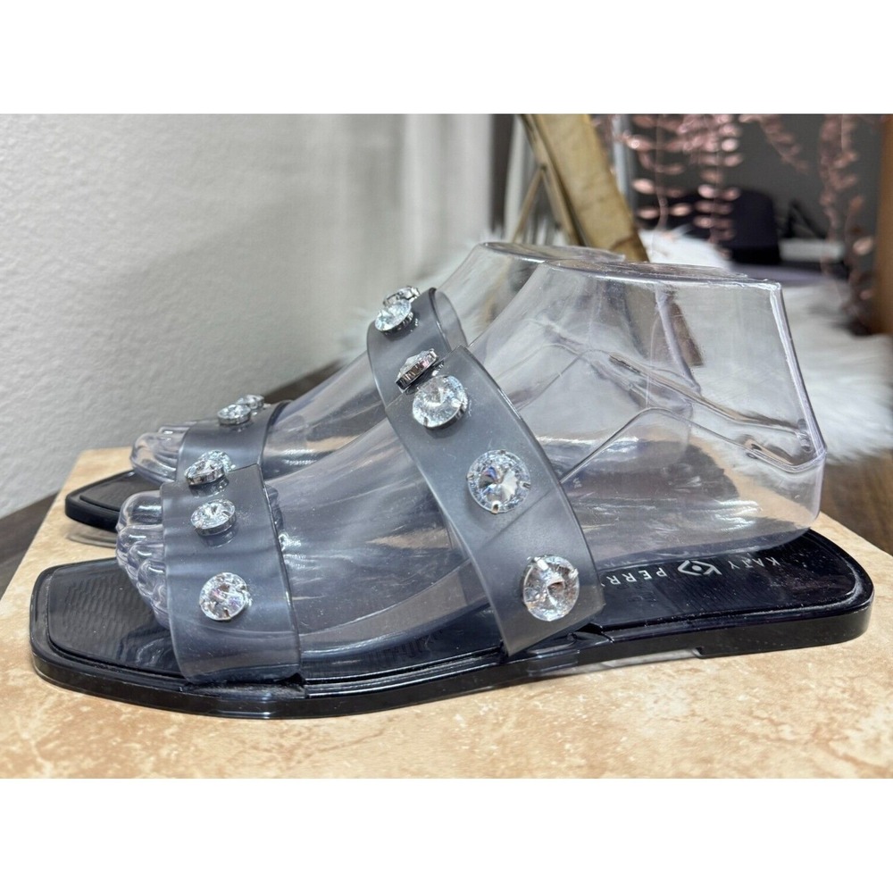Katy Perry Sandals Womens 8 Geli Clear Embellished Square‎ Toe Slide Shoes Black